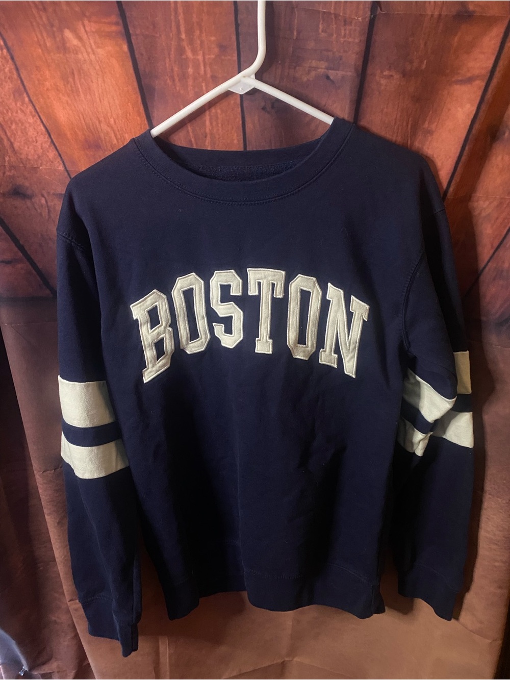 Boston Navy Blue Striped Sleeve Crewneck Sweatshirt - Picture 1 of 2